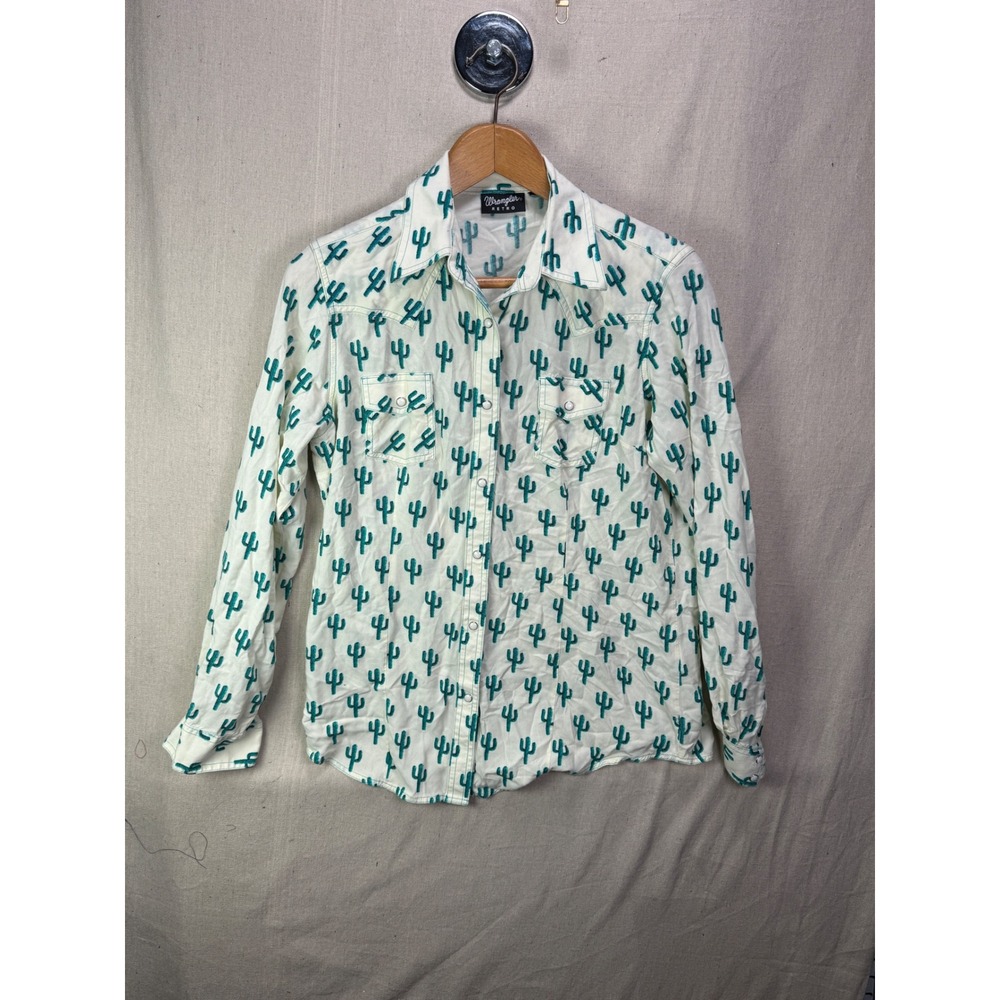 Wrangler Retro Women's Cactus Print Western Snap Shirt Cream Green WTLH52393